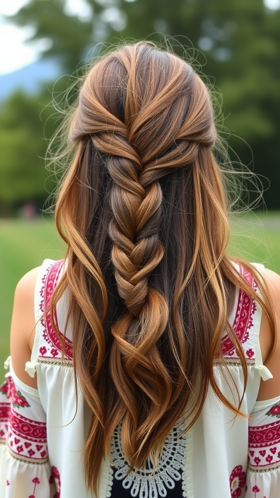 A back view of a woman with long hair styled in a bohemian half-up braid, wearing a colorful embroidered top.