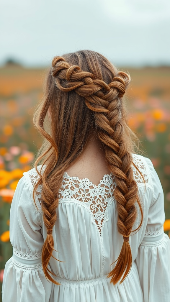 A person with long hair styled in a Bohemian lace braid, showcasing intricate braiding with loose, flowing strands.