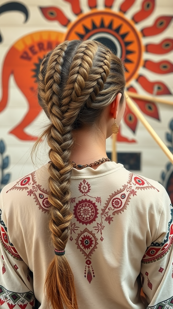 A close-up of bohemian tribal braids on long hair, showcasing a rustic background and colorful patterns.