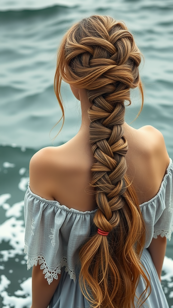 A woman with a Boho Mermaid Braid hairstyle, wearing an off-shoulder dress, with ocean waves in the background.