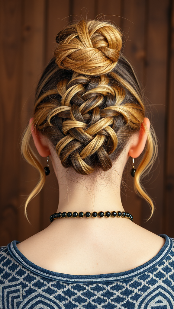 A beautifully styled braided bun with twisted strands on long hair.