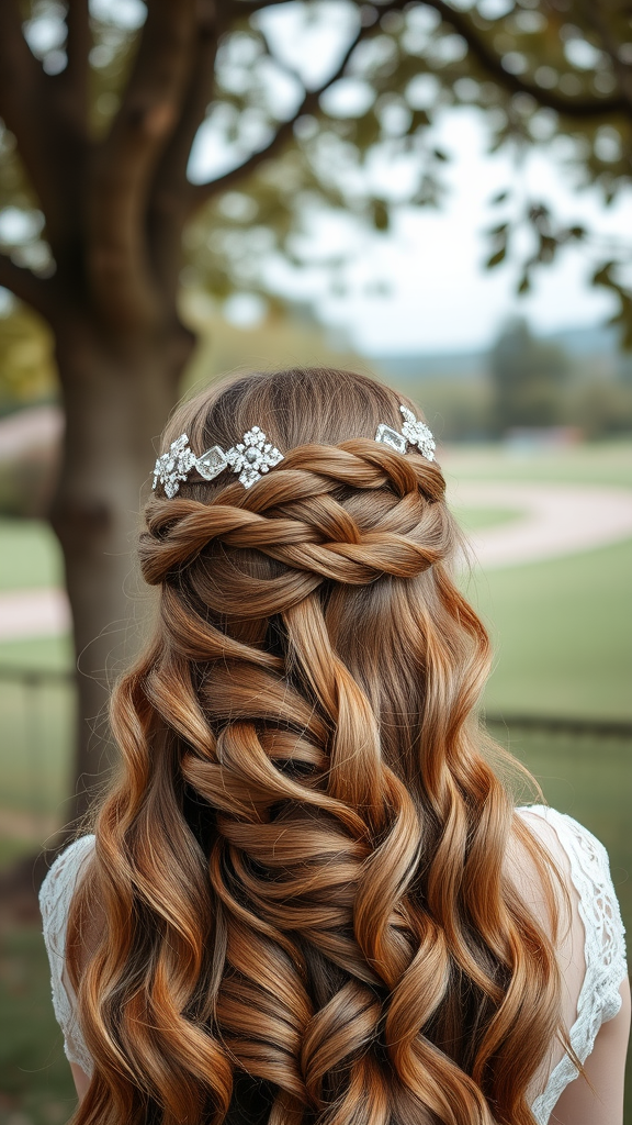 A woman with long hair styled in a braided crown adorned with crystal accents.