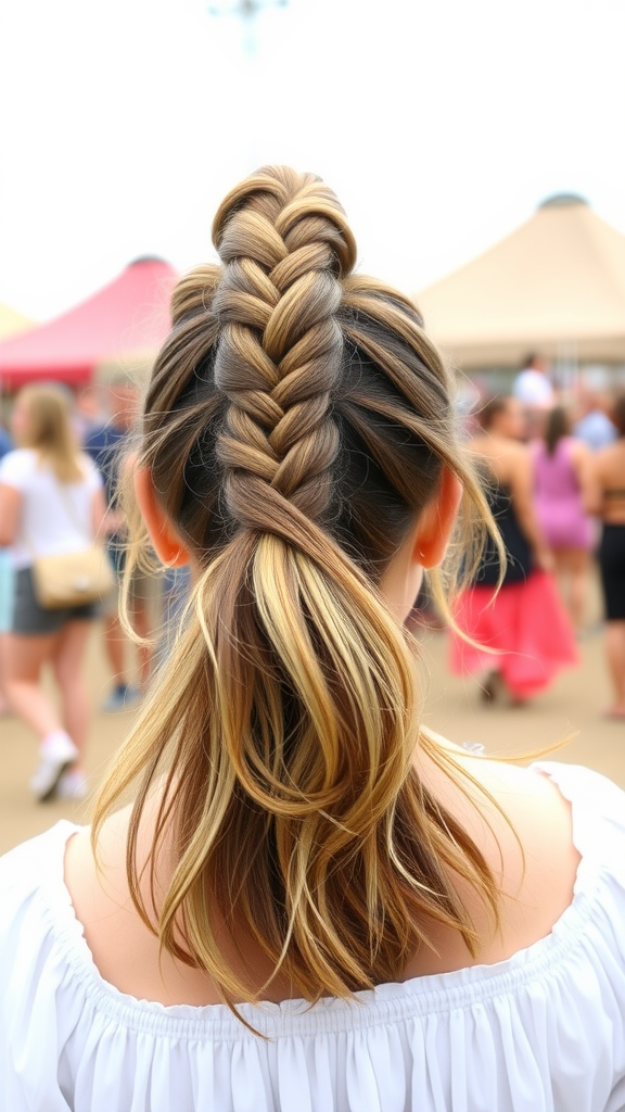 A stylish braided ponytail hairstyle with textured ends, viewed from the back.