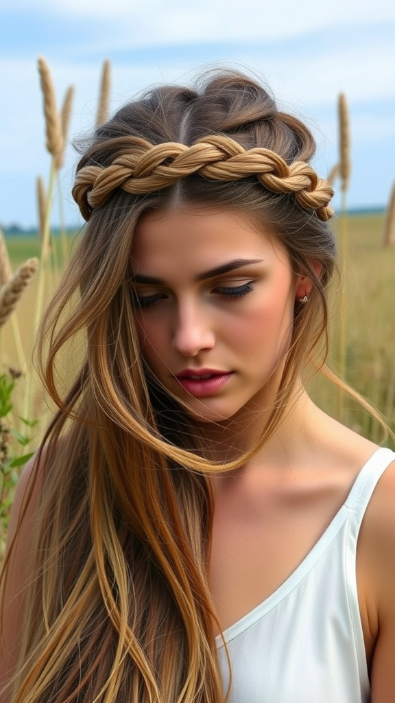 A woman with long hair styled in a crown braid adorned with loose tendrils, set against a natural background.