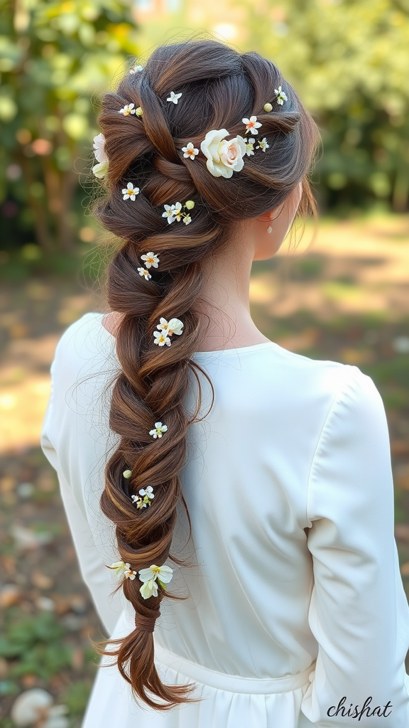 A fishtail braid decorated with flowers, showcasing a romantic hairstyle for long hair.