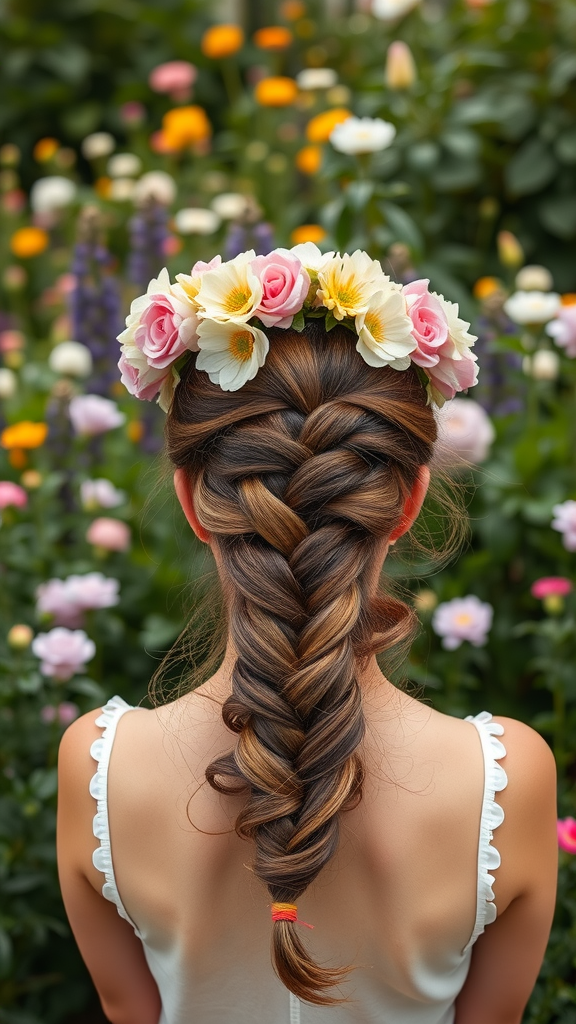 A girl with long braided hair adorned with a flower crown, set against a colorful floral background.