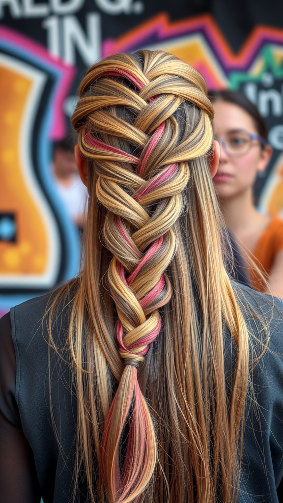 A woman with a beautifully styled infinity braid featuring bright highlights.
