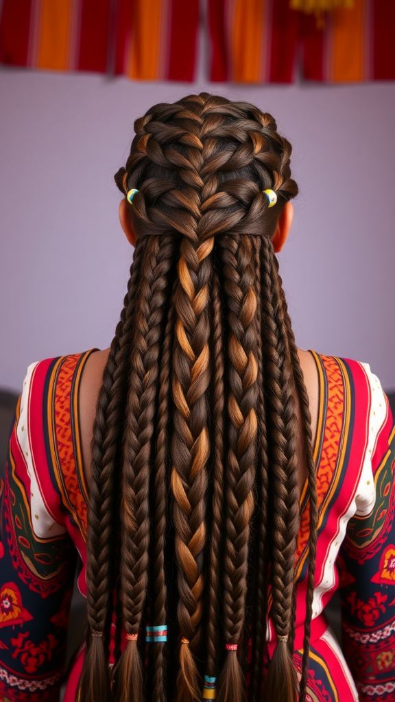 A woman with intricate boho braids showcasing ethnic patterns on long hair.