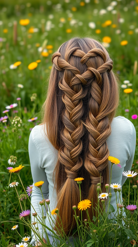 A woman with knotted braids adorned with wildflowers, surrounded by a field of colorful flowers.