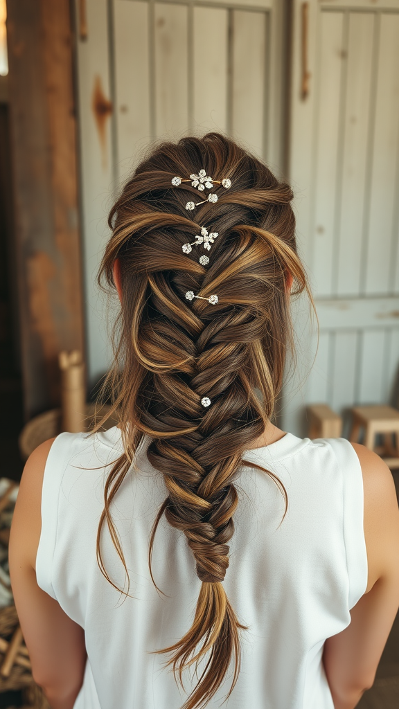 A model showing a ladder braid decorated with hairpins, styled elegantly.