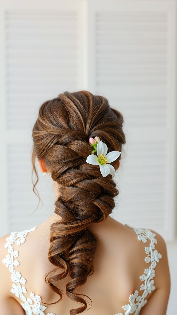 A romantic braided updo hairstyle with soft curls and flowers, ideal for special occasions.