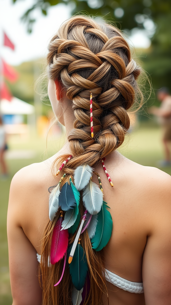 A woman with long hair styled in a rope braid, decorated with colorful feather accessories.