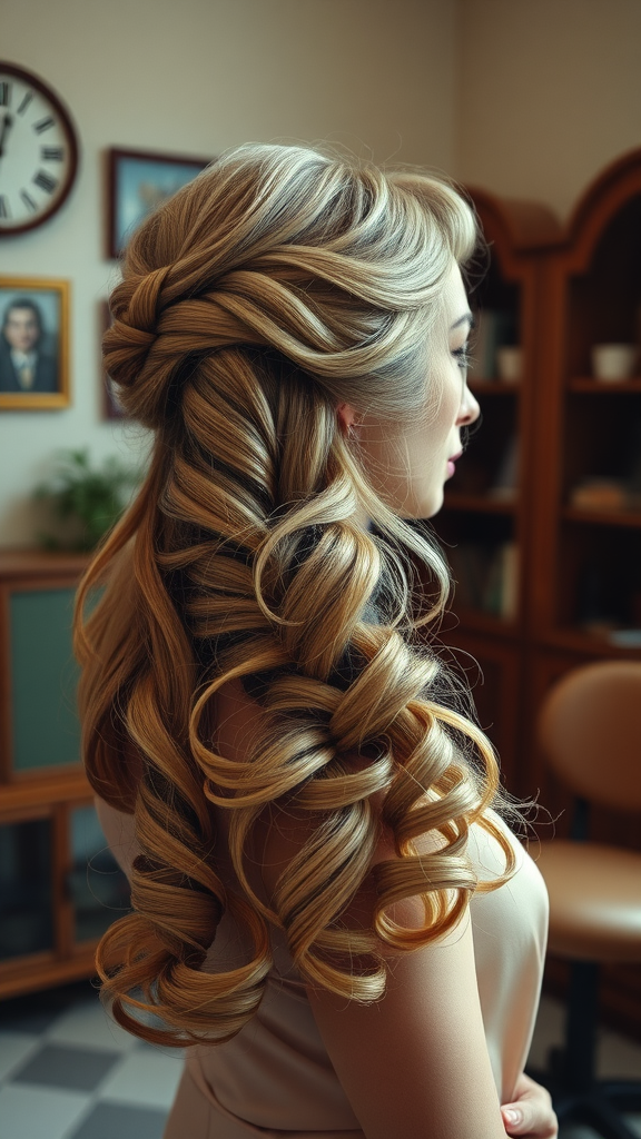 A woman with long hair styled in a side-swept braid and soft curls.