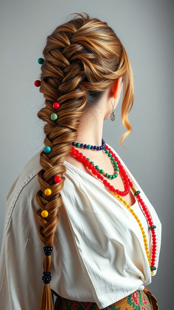 A beautifully styled side braid adorned with colorful beads, showcasing a boho hairstyle.