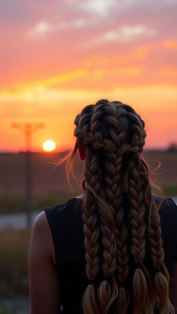 A person with twisted braids featuring ombre colors, standing against a sunset background.