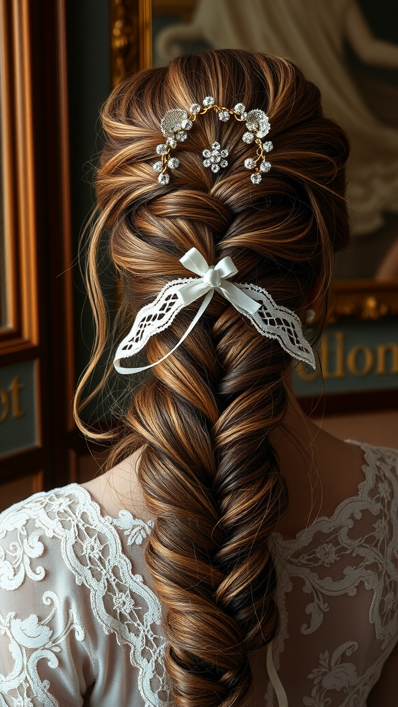 A close-up of a vintage French braid hairstyle adorned with lace and decorative elements.