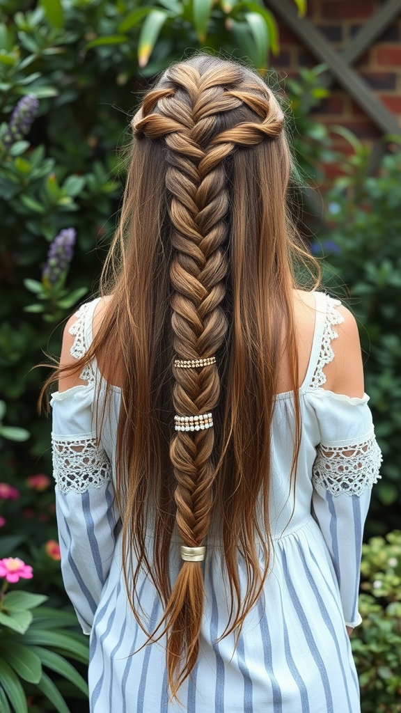 A long hair waterfall braid styled with accessories, showcasing a bohemian look